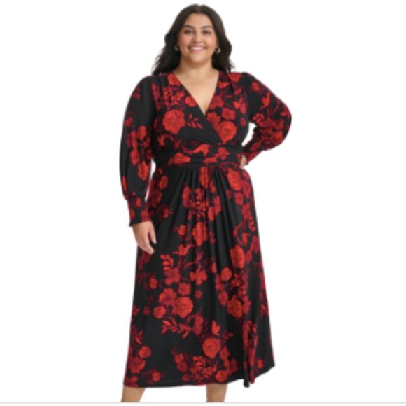 Tommy Hilfiger Plus Size Floral Smocked-Cuff MIDI Dress - Black/Scarlet - Picture 3 of 4